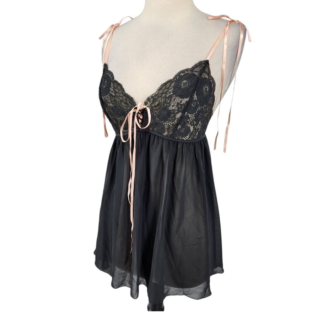 Vintage Y2K Victoria’s Secret Babydoll Nightie – Sheer Lace & Satin Ribbon Ties